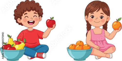 Cute children eating healthy fruits illustration, happy boy girl holding apple orange, kids nutrition concept, colorful flat vector design