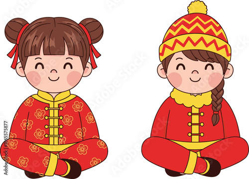 Cute Chinese children cartoon illustration, traditional red festival costumes, happy boy girl characters, Asian culture, flat vector style
