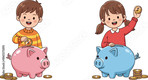 Cute children saving money illustration, boy girl putting coins into piggy bank, kids finance concept, colorful flat vector design