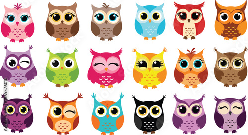 Cute colorful owl cartoon characters set, adorable birds with big eyes, kawaii animal illustration vector isolated