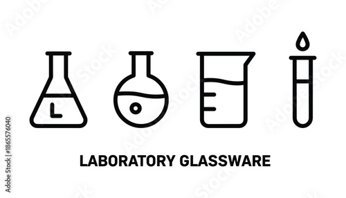 Laboratory glassware icon set with erlenmeyer flask round bottom flask beaker and glass test tube