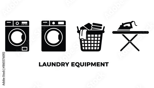 Laundry equipment flat icons set vector illustration isolated on transparent image