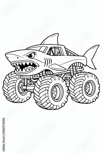 A shark-themed monster truck is shown in black and white, featuring a shark head cab and huge tires for crushing obstacles on a coloring page.
