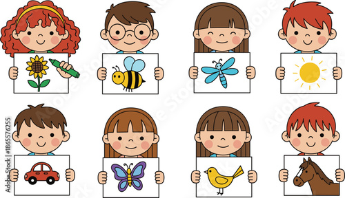 Cute kids holding drawings illustration, children artwork learning creativity, education concept, cartoon style, colorful characters, preschool activity, flat vector design