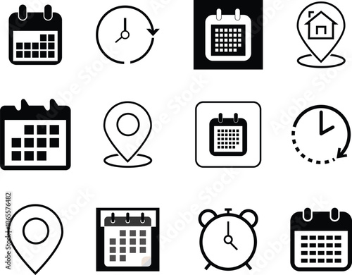 Date, time, location, address icon. Calendar, Location pin, time icon set. business schedule and office time clock. Event icons. Business icons set.