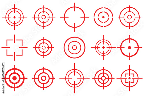 Red target with arrow. Target icon set. Red Target icons. Targeting, aiming for a shot. Archery, hunting and sports shooting. Vector illustration.