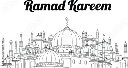 Detailed black line art panorama of a mosque cityscape with domes and minarets for Ramadan Kareem greeting.