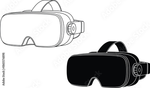 Virtual reality headset icons, VR device silhouette, immersive tech, gaming gear, digital experience, black and white, modern design