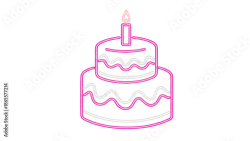A glowing neon birthday cake with a lit candle, perfect for celebrations and party designs isolated on transparent background