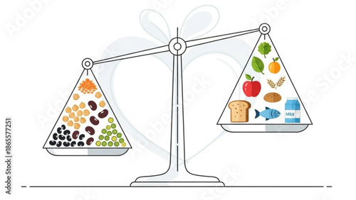 Balanced Diet Scale with Healthy Foods and Junk Food
