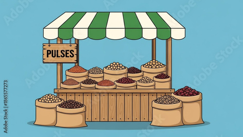 Pulses Market Stall with Assorted Legumes under Striped Awning