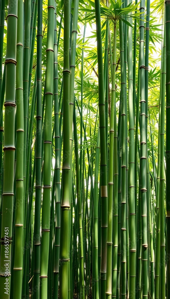 Fototapeta premium A vibrant green bamboo forest, tall stalks creating a natural, rhythmic pattern, landscape, tall