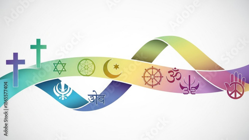 Religious Symbols of Various Faiths on Rainbow Ribbon