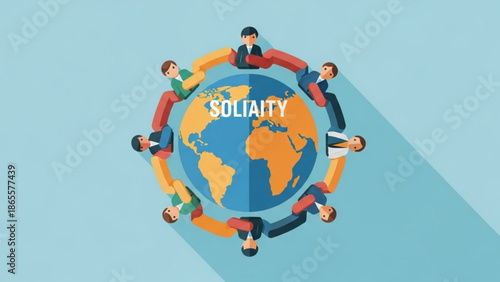 Diverse People Holding Hands Around Globe Symbolizing Solidarity on Blue Background