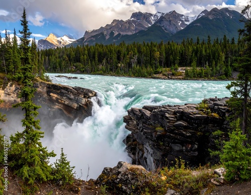 Scenic waterfall cascading through rocky terrain under cloudy skies