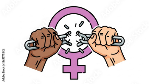 Breaking Chains of Female Oppression, Fists Snapping Handcuffs, Feminist Symbol and Diversity and Empowerment