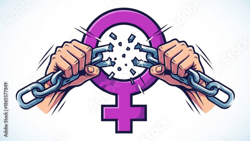 Breaking Chains of Inequality, Female Empowerment Symbol, Hands Breaking Free and Purple Female Symbol, Equality Concept