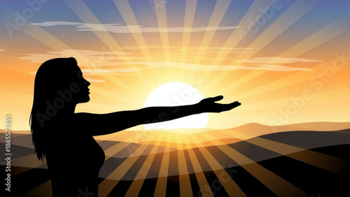 Woman Silhouette Reaching Out to Sunset over Mountains during Golden Hour