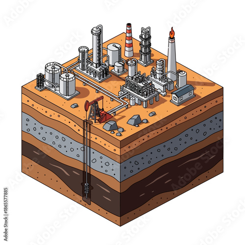 Isometric illustration of an oil refinery and drilling operation with underground layers.