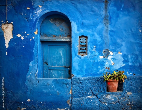 Close-up of a vibrant blue building facade with arched door & details