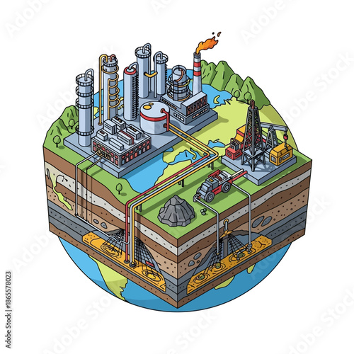 Industrial facility with extraction and processing infrastructure.