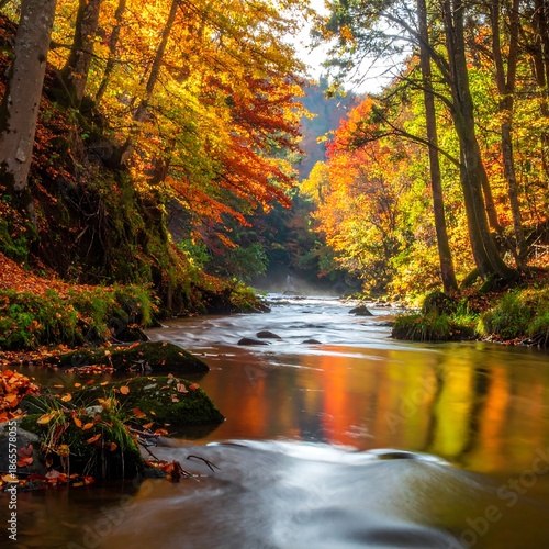 Serene river flows through a vibrant forest with autumn foliage
