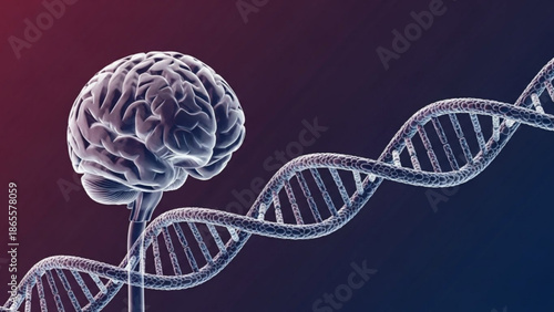 Human Brain Connected to DNA Helix on Gradient Background