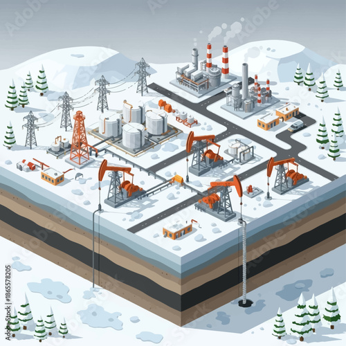 3D illustration of an oil field in a snowy landscape with industrial equipment.