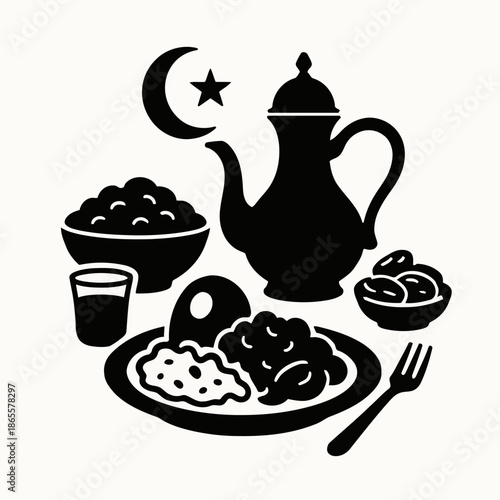 Simple silhouette vector illustration of an iftar meal in clean style