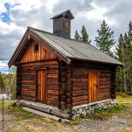 Small rustic wooden cabin nestled among trees under a cloudy sky