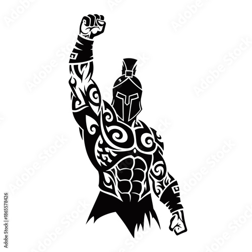 Stylized black silhouette of a muscular Spartan warrior with tribal patterns, raising a clenched fist in a powerful pose.