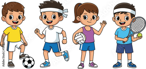 Cute kids playing sports illustration, children football running volleyball tennis activities, healthy lifestyle, teamwork, youth fitness, cartoon characters