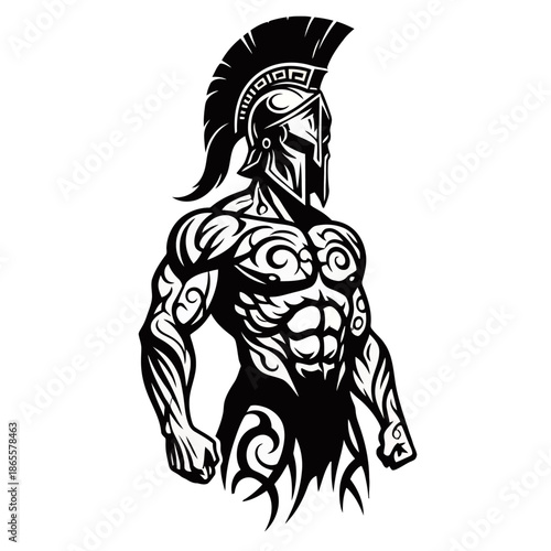 A stylized black and white illustration of a muscular Spartan warrior with intricate tribal tattoos and a distinctive helmet.