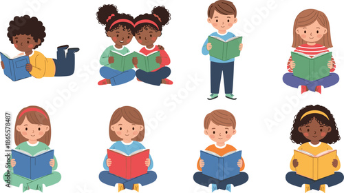 cute kids reading books cartoon children studying learning education literacy library school vector illustration set isolated white background