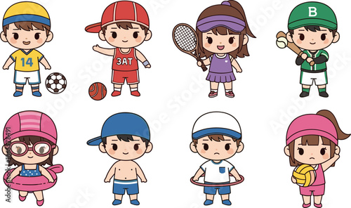 cute kids sports cartoon characters playing football basketball tennis baseball swimming summer activities vector illustration set for children education design