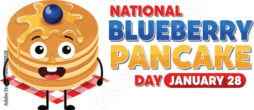 National Blueberry Pancake Day horizontal banner featuring a cute pancake stack character and January 28 date button.