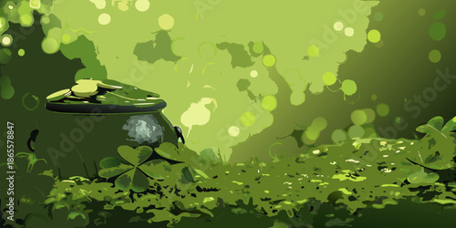 A vibrant illustration of a pot of gold amidst lush green clover