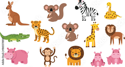 Cute wild animals cartoon illustration set, jungle safari creatures collection, lion giraffe zebra koala monkey, colorful flat vector icons