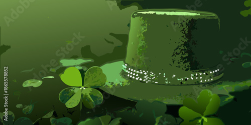 A dark green top hat with a rhinestone band and four leaf clovers