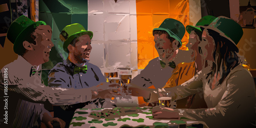 Friends celebrating st patrick s day with drinks and wearing festive hats