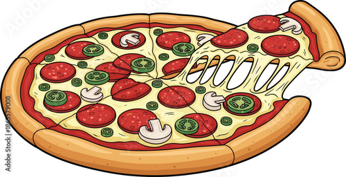 Delicious cartoon pepperoni pizza illustration with melted cheese, mushrooms and jalapenos, tasty fast food slice, isolated on white background