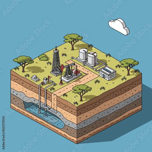 Isometric illustration of an oil rig and refinery on a layered earth.