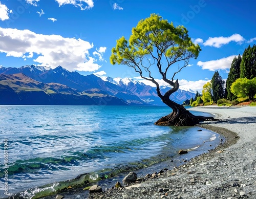 Scenic landscape featuring a lone tree by a lake with snowy mountains