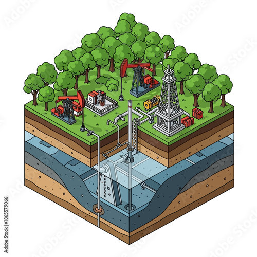 Oil extraction process illustrated in a 3D isometric diagram.