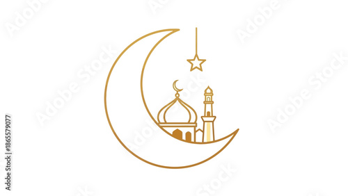 Elegant golden line art icon of a mosque silhouette on a crescent moon with a delicate hanging star, symbolizing Islamic faith, tradition, and celebration