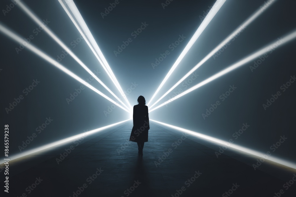 Fototapeta premium A lone human figure standing within beams of light, symbolizing direction, choice, and transformation toward the future.