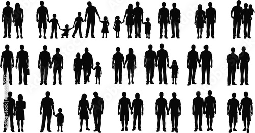Family silhouettes collection, parents children couples holding hands, people groups, relationships, generations, black shadow figures, isolated on white background