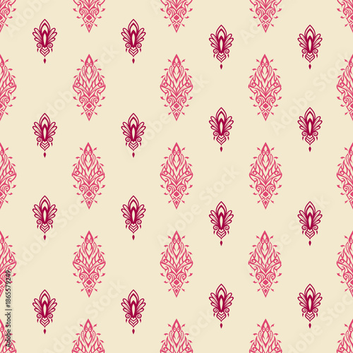 Decorative ethnic seamless pattern with ornamental motifs and filler elements in cream and red color palette. Perfect for fashion textiles, wallpaper, interior decor, and surface design.