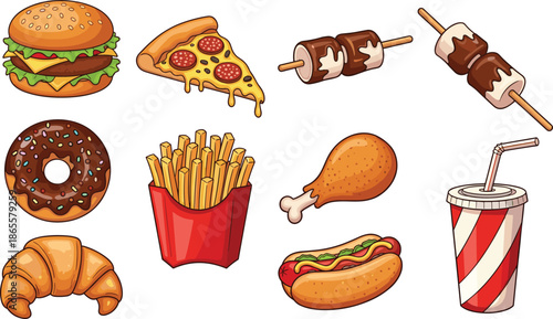 Fast food cartoon illustration set, burger pizza fries donut hotdog drink desserts, colorful junk food icons, vector collection