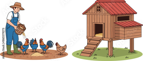 farmer feeding chickens near wooden chicken coop rural poultry farming agriculture countryside vector illustration isolated on white background